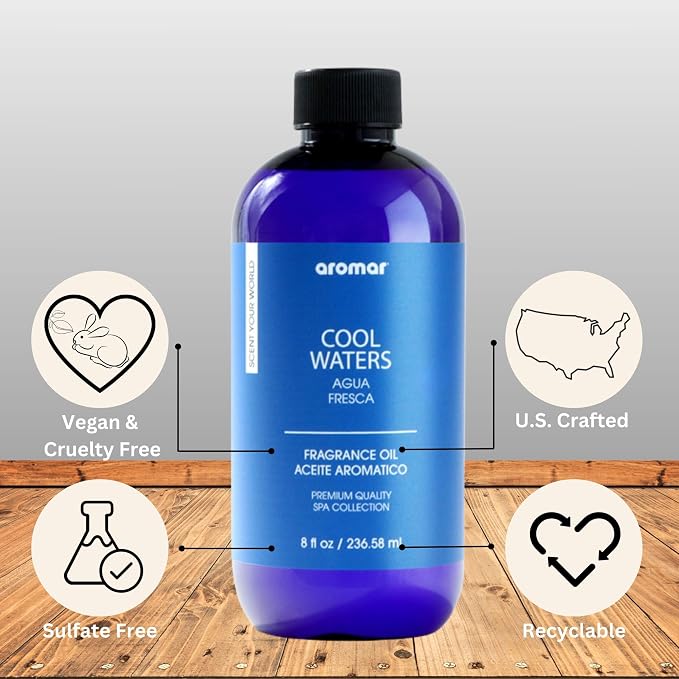 AROMAR Premium Fragrance Oil, Long-Lasting, Refreshing Uplifting Aroma for Aromatherapy, Relaxation & Household Uses. Cool Waters 8oz