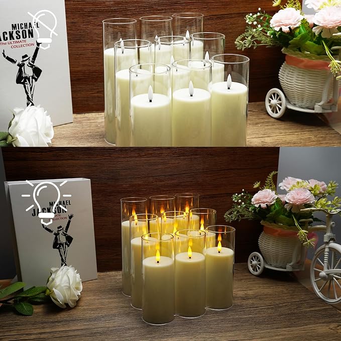 kakoya Flickering Flameless Candles Battery Operated with Remote and 2/4/6/8 H Timer Plexiglass Led Pillar Candles Pack of 9(D 2.3"xH 5.5"6.5"7.5")with Realistic 3D Wick Candles for Home Decor(Ivory)
