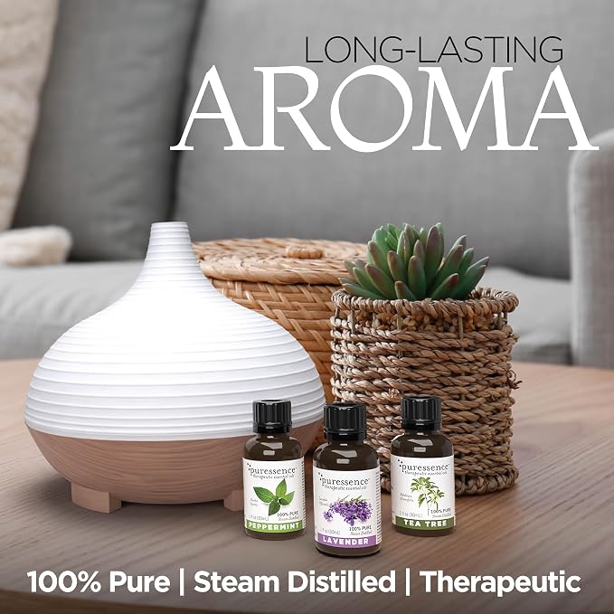 Puressence Oil Set, Blends for Diffusers, 100% Pure Essential Oils, Aromatherapy Oil Fragrances, Essential Oils for Skin, Lavender, Tea Tree and Peppermint, 3 Fl Oz, 3 Pack