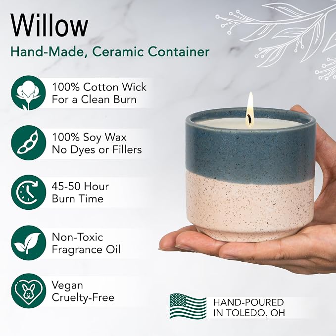 The Growing Candle, Unscented Fragrance Free Candles, 8.5oz Ceramic Pot, 100% Soy, Willow
