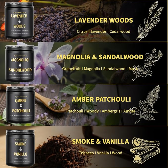 Scented Candles for Men, 4 Pack Mens Candle Gift Set, Relaxation Candles for Home Scented, 28oz Soy Wax Aromatherapy Candles of Lavender/Patchouli/Sandalwood/Smoke & Vanilla