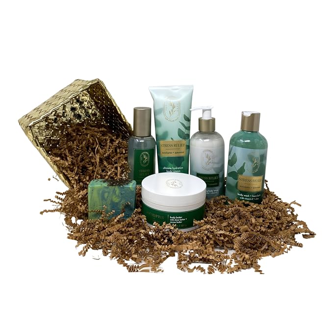 Bath & Body Works Aromatherapy Stress Relief Eucalyptus Spearmint Gold Basket Deluxe - Essential Oil Perfume Mist, Body Cream, Body Lotion, Body Wash And Body Butter- with a Fresh Forest Bar Soap