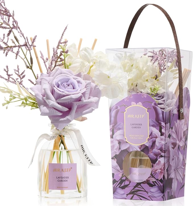 Airkeep Flower Reed Diffuser Set, Lavender Garden Diffuser Gift Set,4.06 fl oz Essential Oil Sticks Diffusers for Bathroom Air Freshener, Aromatherapy Home Fragrance for Shelf Decor, Gift for Women