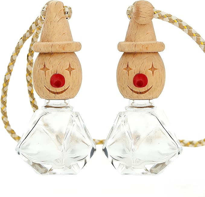 2 Pack Snowman Glass Hanging Car Rearview Mirror Diffuser Bottles | Wood lids & droppers included, refillable empty bottles for car closet bathroom home aromatherapy decor