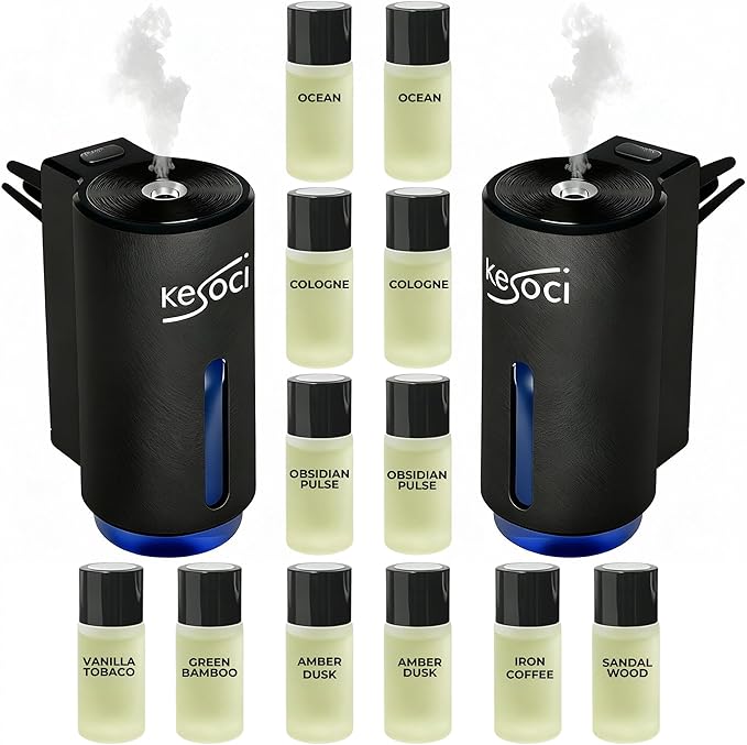 2 Smart Car Air Freshener Diffusers – Rechargeable Auto Scent Device Set with 12 Refills – Anti-Leak System, 3 Spray Modes & Motion Sensor Auto On/Off