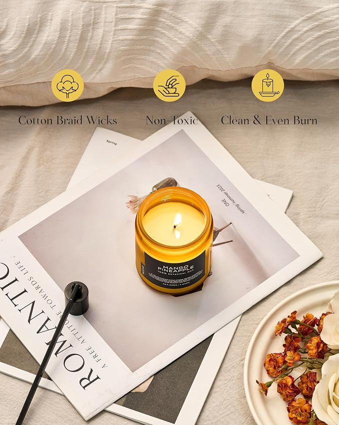 M&SENSE Mango Pineapple Tropical Scented Candle, 7.05oz Non Toxic Natural Soy Wax 50 Hours Long Lasting Burn Fruit Scent Summer Gifts for Housewarming, Aromatherapy Candle for Women Men