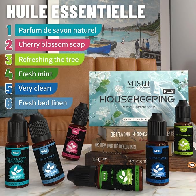 Housekeeping Essential Oils Set for Diffuser,Pure Aromatherapy Oil for Diffuser,Candle Making,Natural Soap Scent,Cherry Blossom Soap,Fresh Mint,Fresh Linen,Air Freshener,Extra Clean