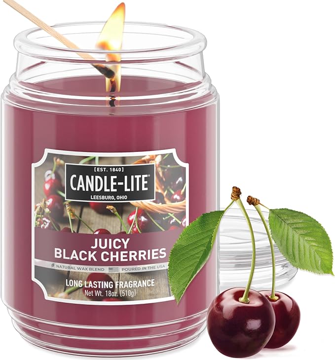 Candle-lite Scented Candles, Juicy Black Cherries, 18 oz Jar, Proudly Poured in The USA, Aromatherapy Candle, Single-Wick with 110 Hours of Burn Time, Perfect for Creating an Inviting Ambiance