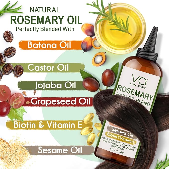 Blend Of Pure Rosemary Oil For Hair Growth With Castor, Batana, Jojoba Oil-Infused With Biotin & Vitamin E-Blend of Effective Hair Oils for Hair Growth-Strengthening Treatment-By Vital Affair-6 Fl Oz
