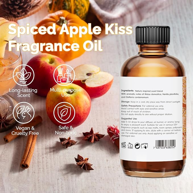 GM Gumili Spiced Apple Kiss Fragrance Oil 2 Oz, Natural Scent Oil for Home Essential Oils Diffuser, Candle Making, Soap Making, DIY Body Oils, Perfume, Body Mist, Spray - Spiced Cider Fall Scent