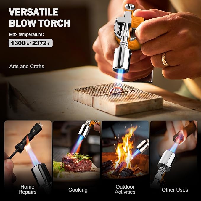 RAVS Butane Torch Lighter, Creme Brulee Torch with Adjustable Flame, Premium Metal Kitchen Torch for Baking, BBQ, DIY, Orange, Butane Gas Not Included