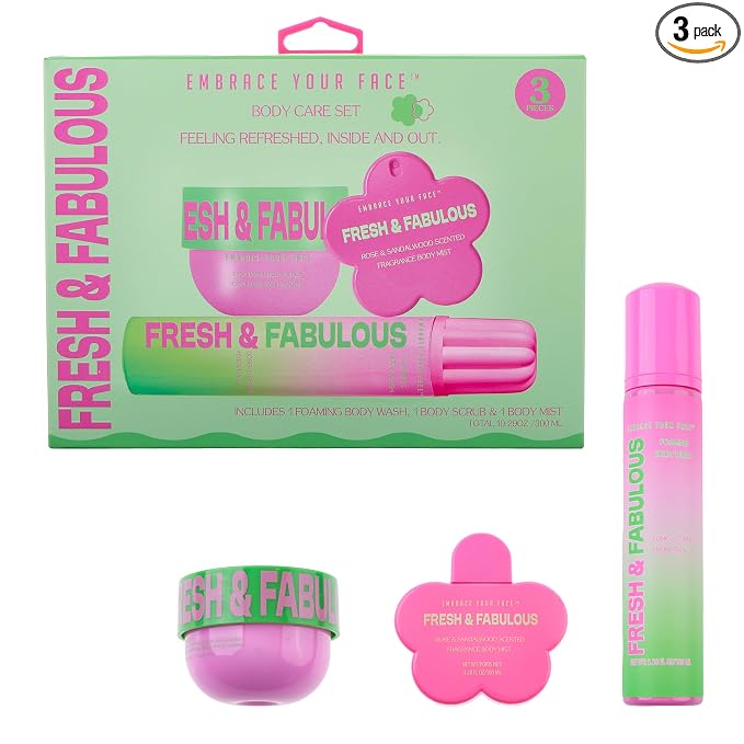 EXPRESSIONS 3pc Body Care Set – Fresh & Fabulous Rose & Sandalwood Scented Skin Smoothing Kit – Includes Foaming Body Wash, Body Scrub, and Fragrance Mist – 3-Piece Self-Care Gift for Women & Teens