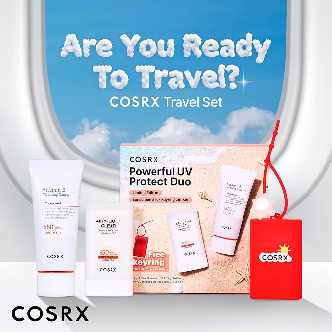COSRX Vitamin E Sunscreen & Airy Light Sunscreen Stick with Free Keyring, Amazon Exclusive, Korean Sunscreen for Oily Skin, Beach Essentials, Summer Travel Essentials, Korean Skin Care Set
