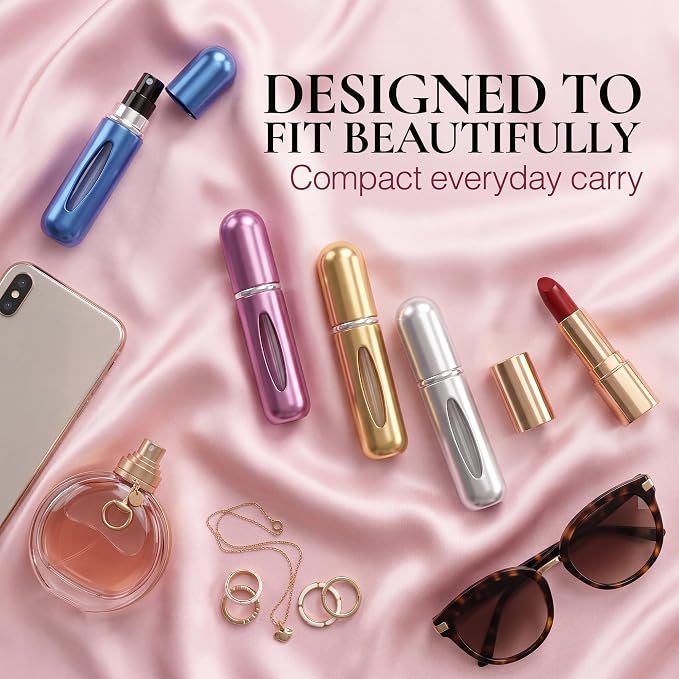 5ml Travel Perfume Bottle Refillable Atomizer Sprayer for Perfume,Leakproof Perfume Atomizer Travel, Portable Refillable Perfume Bottles (Blue, Pink, Gold, SIlver)