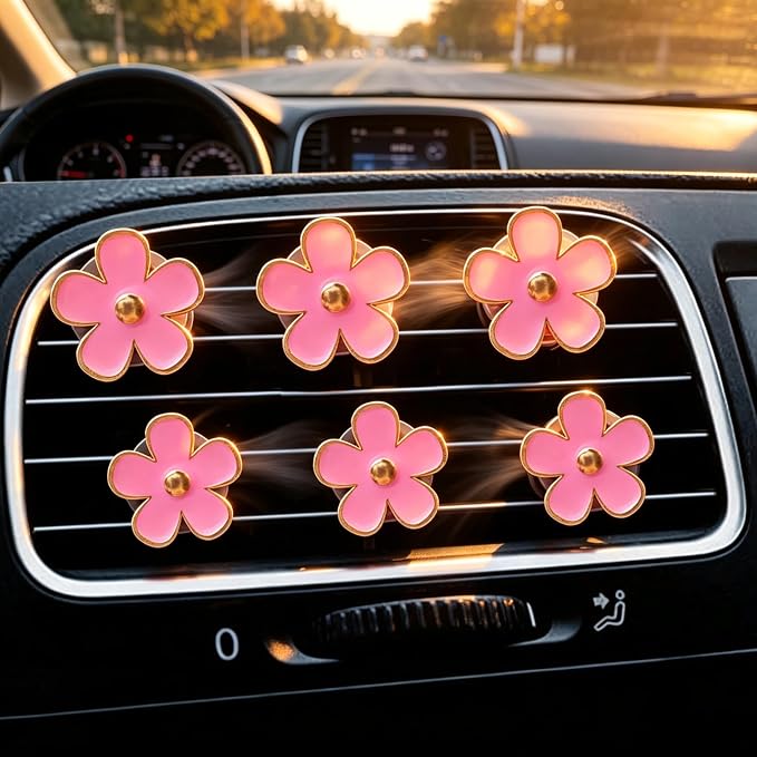 6 Pcs Pink Daisy Car Vent Clip Essential Oil Diffuser | Comes with unscented cotton pads, refillable, cute decor for car, bedroom and bathroom as gift