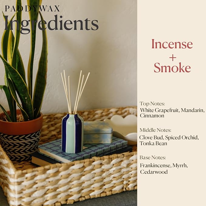 Paddywax A Dopo Reed Diffuser with Wooden Reeds, Long Lasting Home Fragrance Oil, Hand Painted Ceramic Vessel, Decorative Scent for Home, Giftable Box, 4 fl oz, Incense & Smoke