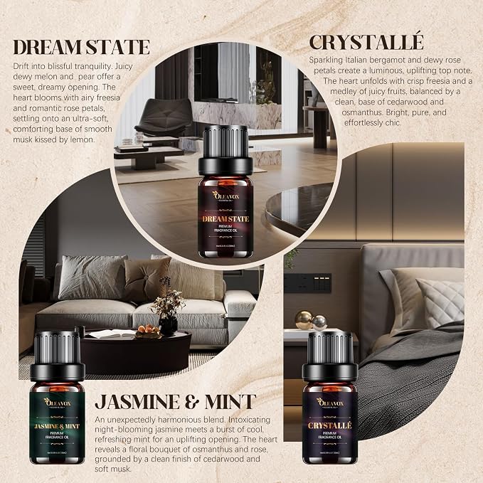 Hotel Diffuser Oils Gift Set, Essential Oils for Diffusers for Home, Luxury Fragrance Oil Set, Candle & Soap Making Scents, Jasmine & Mint, White Tea, The Way, Dream State, Hotel Lobby, Crystallé