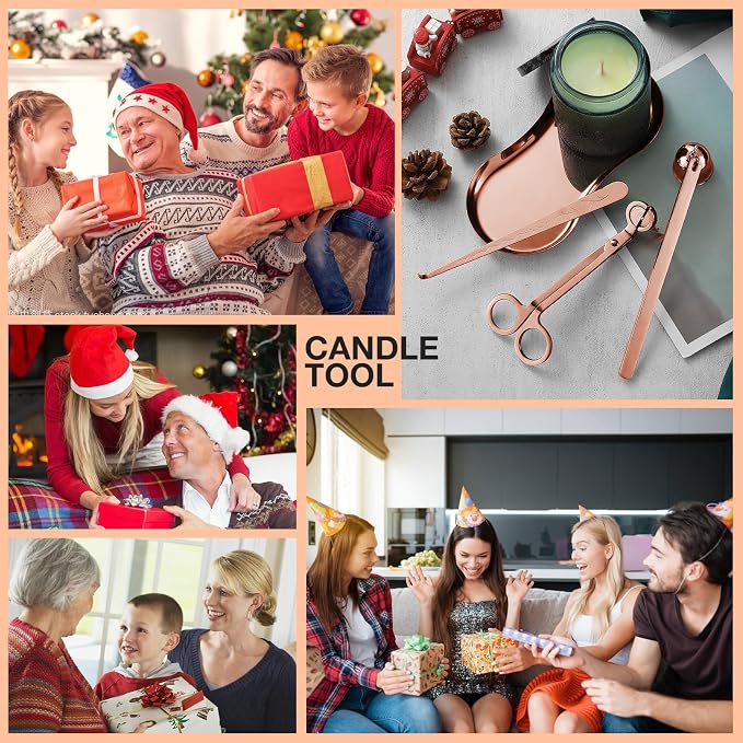 PATOISE 4 in 1 Candle Accessory Set, Candle Wick Trimmer Cutter Mini, Candle Snuffer, Candle Wick Dipper, Tray Holder in Gift Package for Candle Aromatherapy Lovers(4PCS Rose Gold)