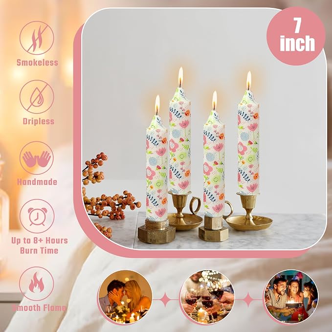 7 inch Short Candle Floral Candle Sticks Printed Candlestick Handmade Unscented Taper Candle 4 Pack Cute Flower Tapered Candles for Home Dinner Wedding Holiday
