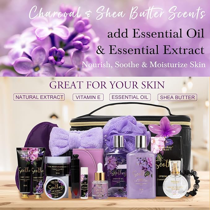 26Pc Spa Gift Basket for Women, Face Skin Care Kit, Bath and Body Gift Set | CHARCOAL & SHEA BUTTER scents Leather Cosmetic Bag Bath Gift Set Home Spa Self Care Kit, Anniversary, Birthday, Mothers Day