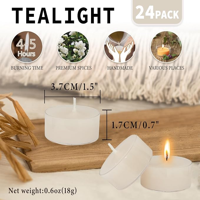 Jasmine Scented Tealight Candles, White Scent Tea Lights Candles Clear Cup, 24 Pack Colored Tealights Candle, 6 Hour Burn Time Tea Candles for Party, Decor, Spa, Shabbat