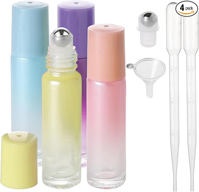 SESENSE Essential Oil Roller Bottles, 10ml Colored Thick Glass Perfume Roller Bottles with Funnel Opener and Dropper (Multicolor, 4 Pack)