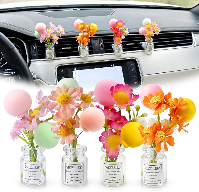 CusDusk 4 Pcs Flowers with Ballons Car Vent Clips, Cute Daisy Plants Vase Air Conditioning Outlet Clip with Fragrance Pads, Charm Scent Perfume Automotive Interior Decorations for Women