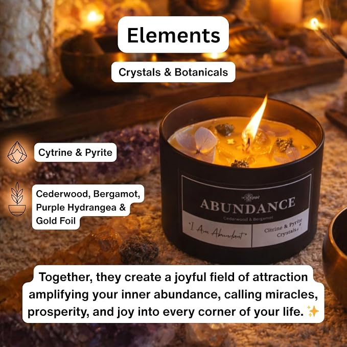 Abundance Crystal Candle – Citrine & Pyrite Crystals for Wealth & Success. Infused Cedarwood & Bergamot Scented Manifestation Candle with Gold Leaf & Hydrangea. Spiritual Gifts for Women