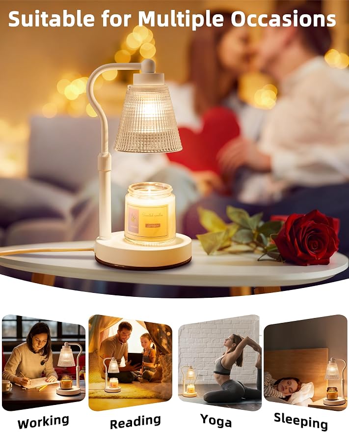Candle Warmer Lamp for Jar Candles, Height Adjustable & Dimmable with 2/4/8H Timer, 2*50W Halogen Wax Melter Warmer for Home Office Décor, Flameless & Smokeless, Gift for Women Mom,White-Clear/1 Pack