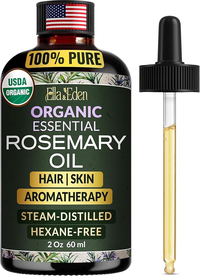 Ella & Eden Organic Rosemary Oil For Hair Growth - 2 Fl Oz, USDA Certified, 100% Pure, Steam-Distilled, USA Made, Hexane-Free - Rosemary Essential Oil for Skin, Aromatherapy - Glass Bottle