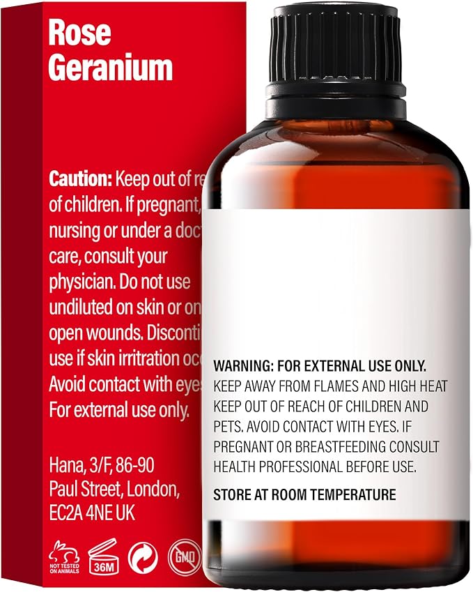 H'ana Rose Geranium Oil - 1.02 Fl Oz Rose Geranium Essential Oil for Hair, Skin, Diffuser, Aromatherapy & DIY