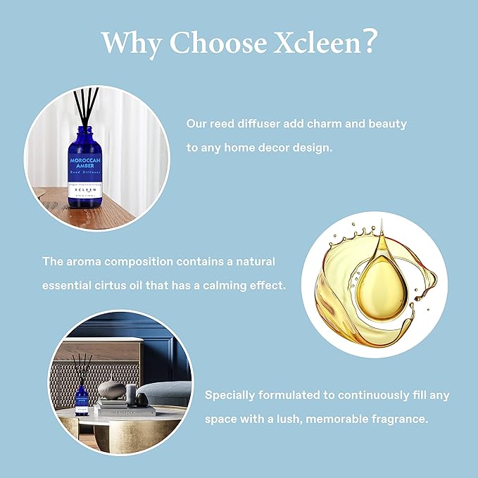 Xcleen Reed Oil Diffuser Set, Fragrance Diffuser - Floral Notes, Vanilla, Cinnamon & Amber, Includes 6 Rattan Scented Sticks Diffuser Reeds, Home & Office Decor, 110ml/3.7oz