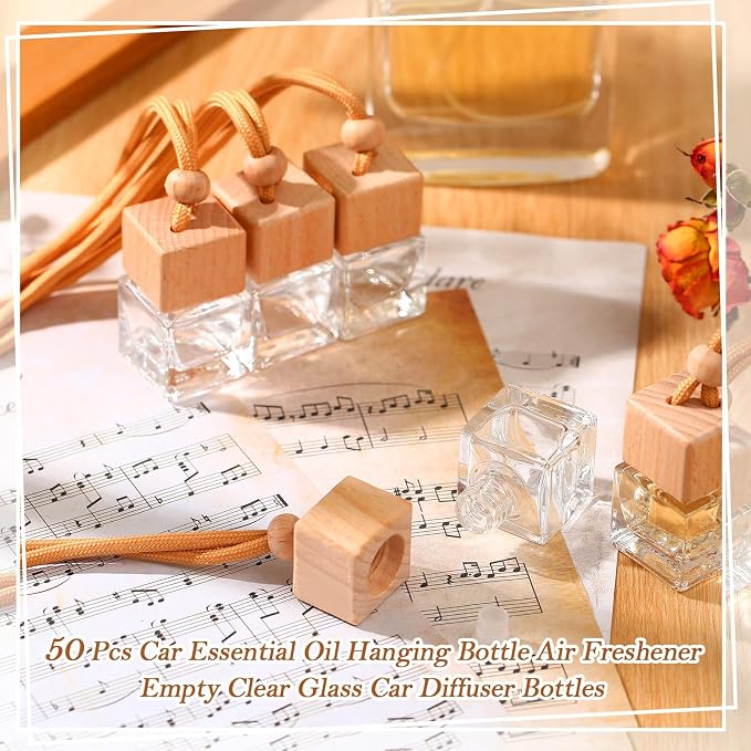 Rtteri 50 Pcs Car Air Fresheners Diffuser for Essential Oil Empty Hanging Bottle Glass Bottles Refillable Perfume Pendant Aromatherapy Fragrance Ornament Decor(Square Style)