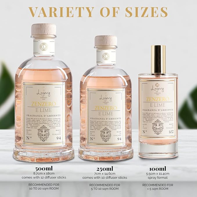 Logevy Firenze 1965 Zenzero e Lime – Ginger & Lime Luxury Home Fragrance Diffuser from Master Perfumer with Spicy, Floral & Fruity Notes in Elegant Glass Bottle with 12 Natural Bamboo Reeds – 500ml