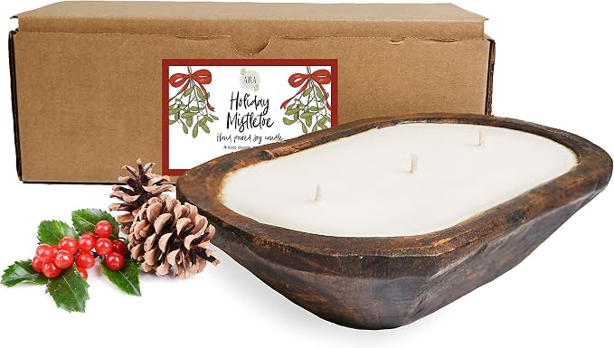 Aira Christmas Dough Bowl Candle - Organic, Kosher, Vegan, Hand Carved Wood Bowl Candle w/Essential Oils - Hand-Poured 100% Soy Candle Wax - Paraffin Free, Long Lasting - Holiday Mistletoe - 13 Oz
