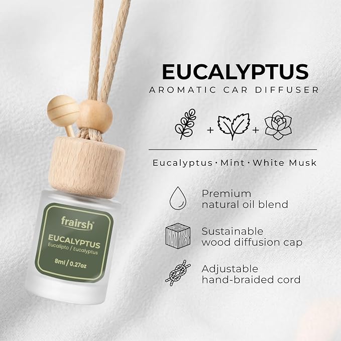 Hanging Car Air Freshener 3 Count, 8 ml Each, Eucalyptus Scent, Natural Odor Eliminator Essential Oil Diffuser, Gentle Soft Elegant Non-Overpowering Fragrance