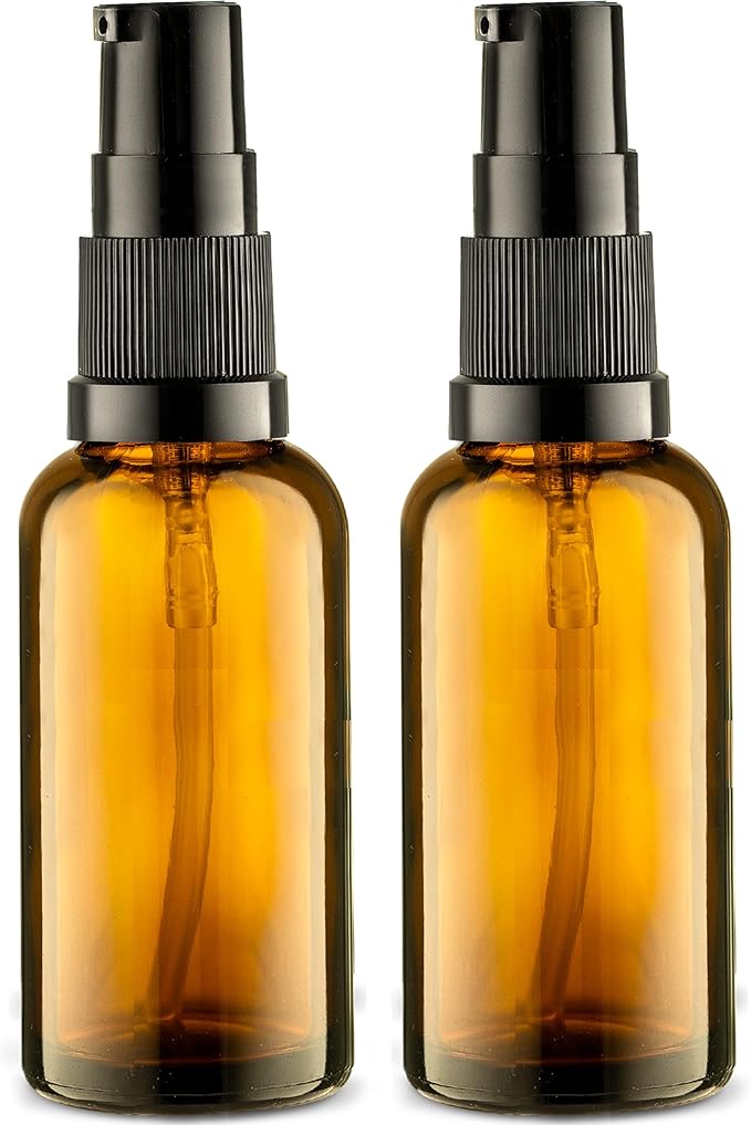 VitalUp Empty Refillable Glass Amber Pump Bottle Ideal for Lotion Cream Essential Oil Travel Small Container - 2 Pack (50ml)
