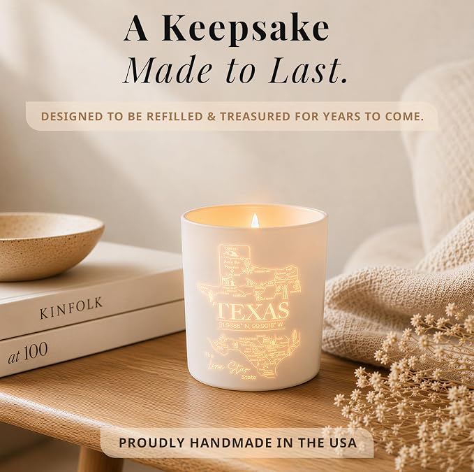 Texas Gifts Glow-Through Engraved Candle w/Teakwood, Tobacco & Rich Leather I Texas Decor for Home I Texas Souvenirs I Texas State Gifts I 9oz Jar, 50Hr Burn, USA Made