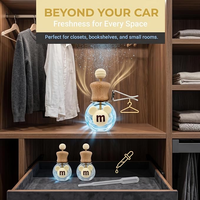 2 Pack Bear Car Vent Clip Diffuser Refillable Glass Bottle | Wood cap glass bottle with dropper, DIY essential oil freshener for car wardrobe bathroom home