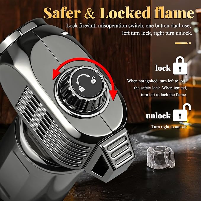 Butane Torch Lighter Build-in Holder, Punch, Windproof Triple Jet Flames Lighters with Safety Lock, Adjustable Flame, Metal Pocket Lighter for Candle, Grill, Men's Gift (NO Gas)
