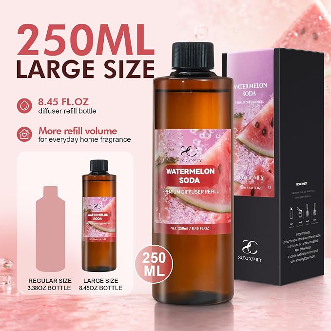 Diffuser Oil Refill, 250ml / 8.45 fl oz, Watermelon SODA - Reed Diffuser Oil Refill for Home Fragrance, Scented Oil for Reed Diffuser Bottles, Watermelon, Rose & Eucalyptus Notes