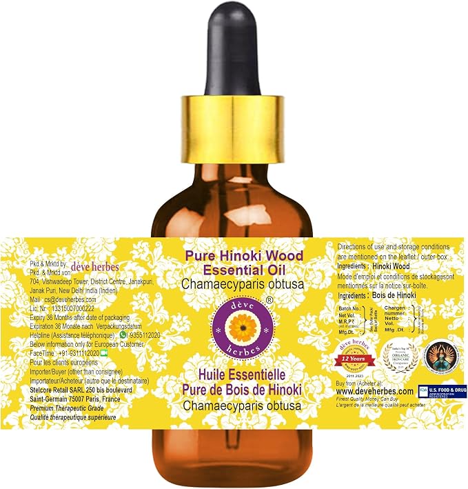 dève herbes Hinoki Wood Essential Oil (Chamaecyparis obtusa) with Glass Dropper Pure | Non-Sticky | Non-Greasy | Lightweight | Men & Women | All Skin Types | Steam Distilled 5ml X 2 (0.33 oz)