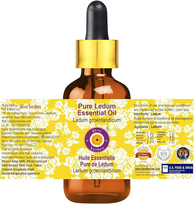 Deve Herbes Pure Ledum Essential Oil (Ledum groenlandicum) Steam Distilled with Glass Dropper 15ml (0.50 oz)
