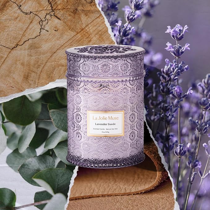 LA JOLIE MUSE Lavender Suede Scented Candles for Home,19 oz Natural Soy Wax | Large Jar Luxury Candle, Clean Non Toxic, Gift for Women & Men, Relaxing Aromatherapy, Decorative Purple Candles, Wood Wick