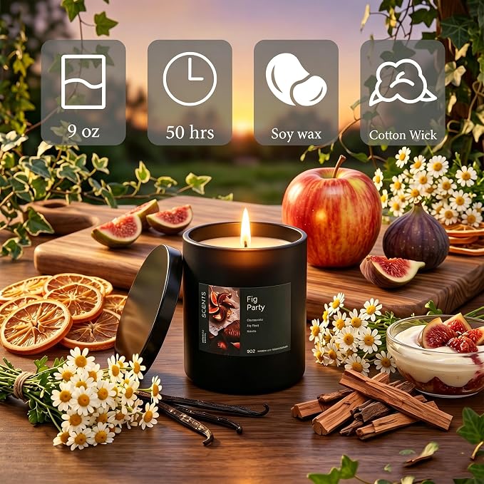 Scented Candle Fig & Fir, Natural Soy Wax Candle, 50 Hour Burn Time, Fruity Gourmand Holiday Candle for Home, Winter Décor, Relaxation & Cozy Nights Fruity Vanilla Wood Scented Candle for Christmas ﻿