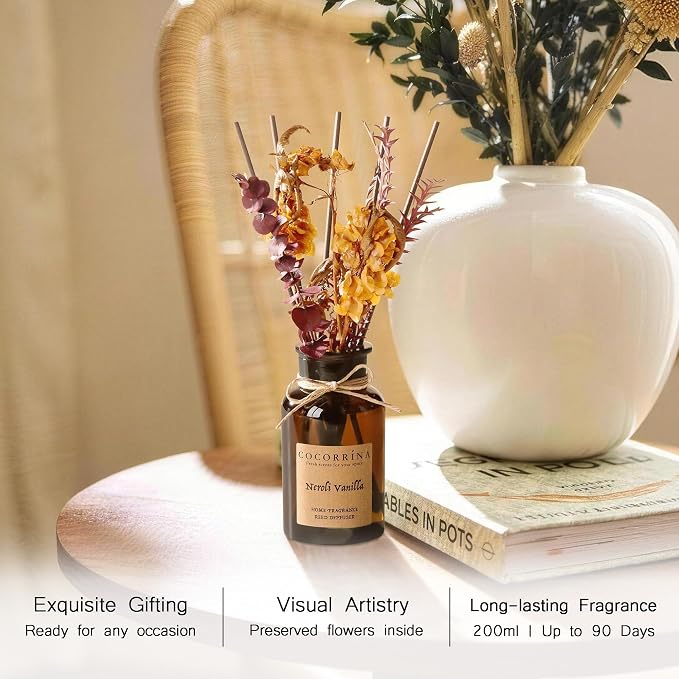 Cocorrína Reed Diffuser Set, 6.7oz Flower Reed Diffuser with Real Preserved Flowers - Neroli Vanilla Scented Oil & Sticks - Long Lasting Home Fragrance for Bedroom Bathroom Shelf Decor
