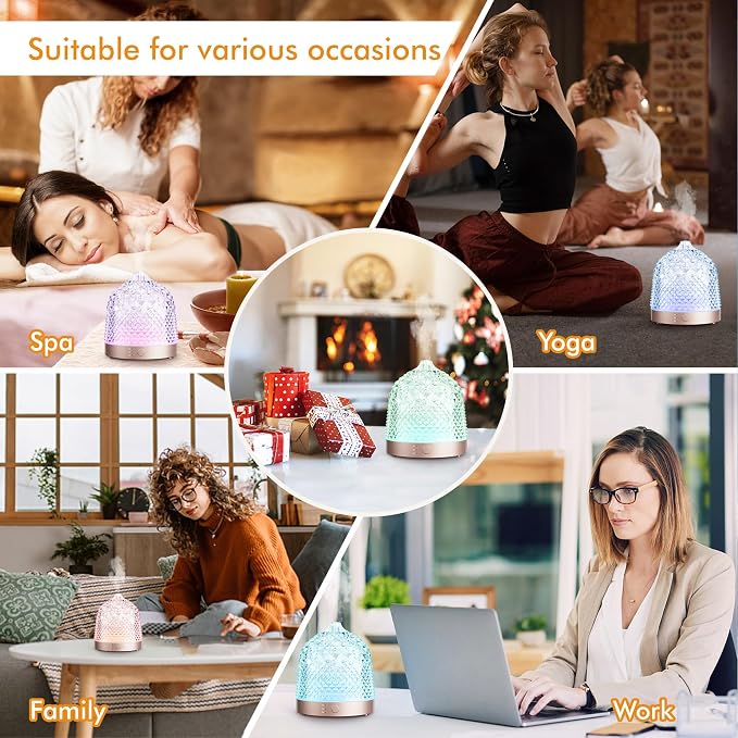 200ml Glass Reservoir Essential Oil Diffuser with Glass Dome Ultrasonic Aromatherapy Diffuser with Four Timer Colorful Light Auto-Off for Home Office Bedroom