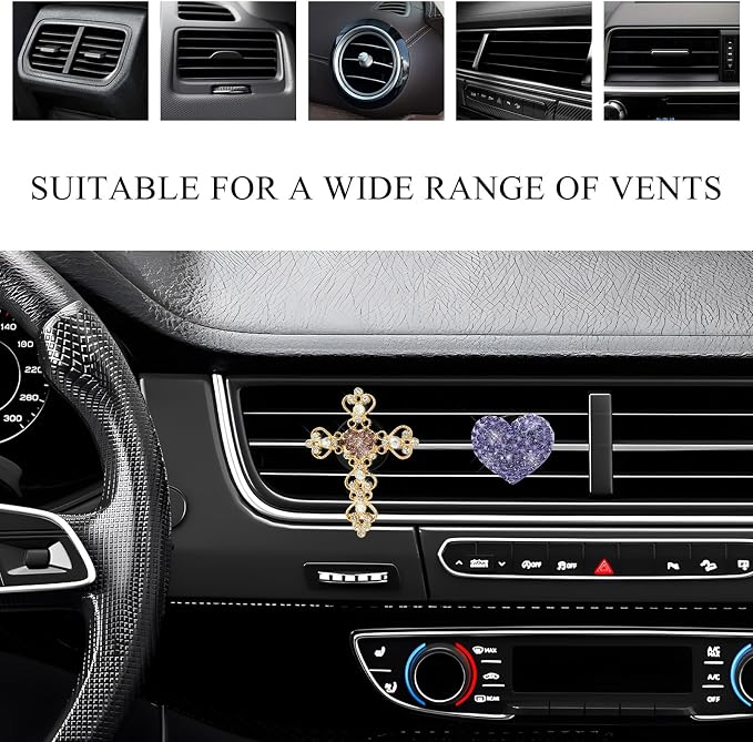 2 PCS Bling Car Vent Clip, Crystal Rhinestone Cross and Heart Car Air Fresheners Vent Clips, Diamond Car Air Conditioner Outlet Decoration Charm for Women, Car Accessories (Purple)