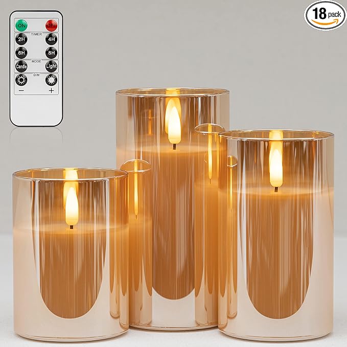 ANGELLOONG Gold Candles for Bathroom Decor, Glass Flameless Candles with Remote, Battery Operated LED Pillar Fake Candles with Timer for Christmas Home Fireplace Mantle Fall Decor