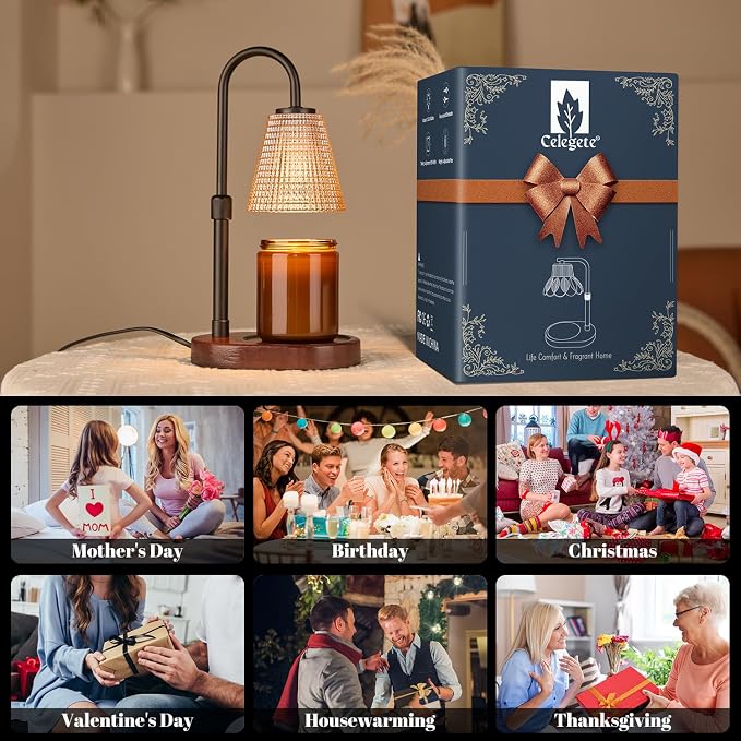 Premium Candle Warmer Lamp with Timer Dimmer-Height Adjustable Wax Melter Suitable for Any Jar Candle, Flameless Heater with Wood Base & Amber Glass,New Home Gifts for Women Mom Daughter Friend